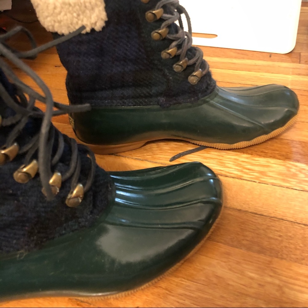 Sperry J. Crew Blue Green Plaid Wool Shearling Flannel Duck Boots Women's Size 8 - Picture 3 of 4